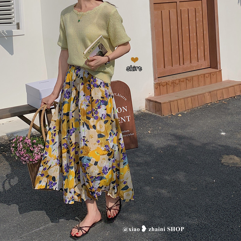 Retro oil painting Printed Half Body Dress Woman Summer 2022 New High Waist Small Subskirt A long dress in a dress