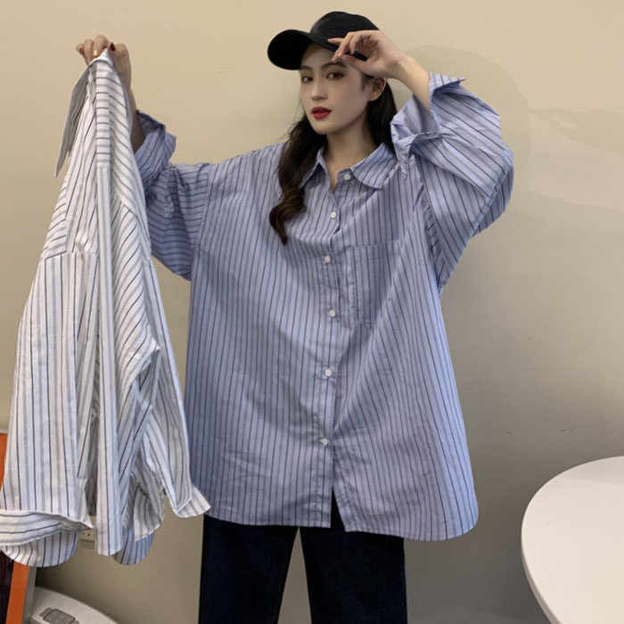 Spring 2022 new female Korean version of loose Hong Kong flavor striped shirt female design sense niche shirt women's coat