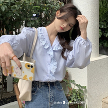 Fan-style blue v collar shirt woman 2022 new summer design sensation small crowdsourced shirt with long sleeve blouses