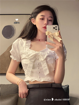 The French style square collar butterfly knot short sleeve white shirt woman 2022 new design feeling small crowdsuit with short blouses