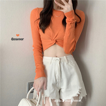 Cross Long Sleeve T-Shirt Knit Cardigan 2022 New Summer Korean version Design Sensation Niche for short blouses
