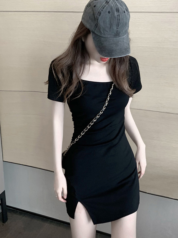 French Hepburn style square collar exposed clavicle split sexy hip dress carefully machine waist thin black skirt woman