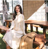 Knit High Collar Dress Skirt Woman Spring Autumn Season 100 Lapped Temperament Bottom match with large coat Long style Knee Long Sleeve Long Skirt