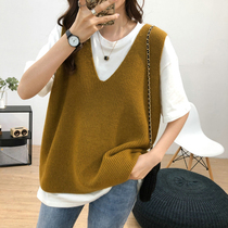 Knit waistcoat Female retro Lazy Big V collar 2022 New loose Conspiculean Large Code Vest Horse Clip-Knit Cardion