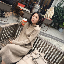 Sweater womens mid-length over-the-knee hooded knitted dress 2021 spring new gentle wind casual sweater skirt
