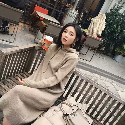 Sweater women long version over the knee hooded knitted dress 2021 spring new gentle wind casual thick cotton skirt