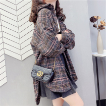 Wool coat womens retro Hong Kong flavor 2021 spring and autumn new thickened brushed loose long-sleeved plaid plush shirt