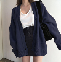 Knitted cardigan womens 2021 new spring Korean version wild jacket Black V-neck loose outside wear lazy wind sweater