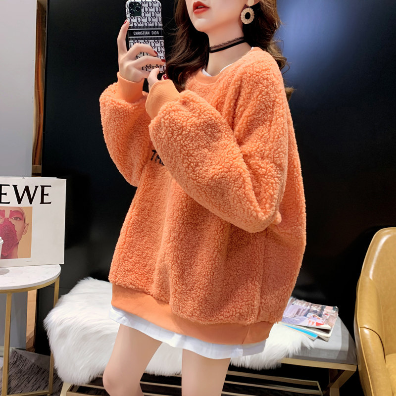 Lamb suede thick cotton female plus suede thickened 2022 autumn and winter new loose Korean version fake two pieces of overfire blouses
