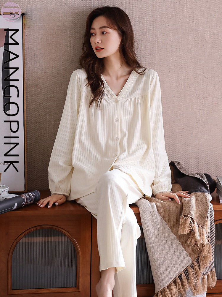 White Pyjamas Lady Spring Autumn Season Pure Cotton Long Sleeve Cardigan senior feel the autumn and winter style elegant and luxurious suit-Taobao