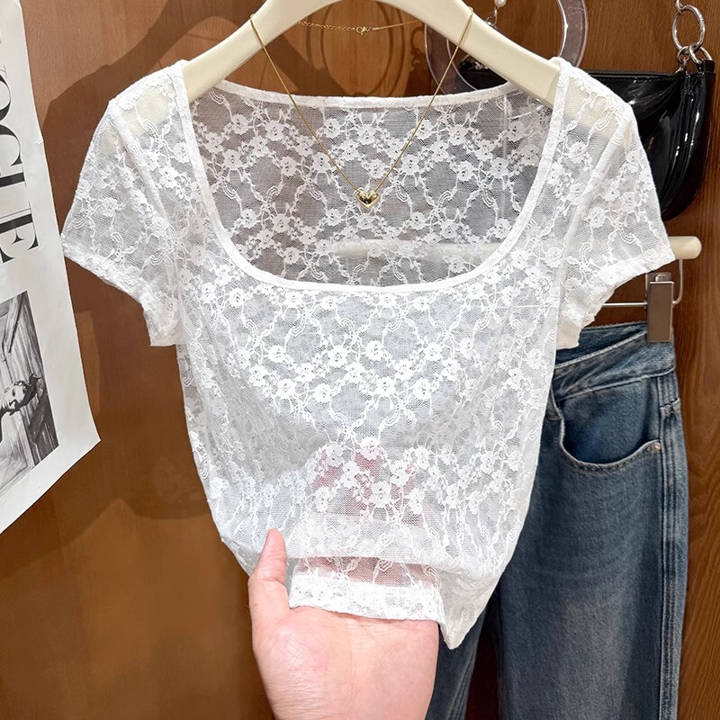 Purely Sensual Lace Hollow-Out Low-Neck Short-Sleeve T-Shirt for Women, Summer Base Shirt, Mesh Ice Silk White Sheer Top