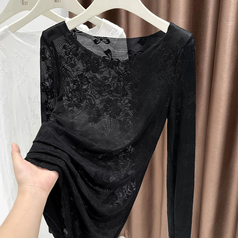 Large Neckline Exposed Collarbone Base Shirt for Women, High-End Thin Style, 2026 New Model, Black Mesh Boat Neck Lace Top