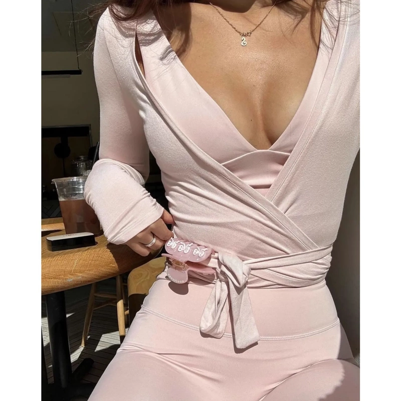 European and American Style Fitness Lace-Up Long-Sleeve Cardigan, Elegant Yoga Wear, Stretchy Pilates Slim-Fit Nude-Feel Cover-Up Jacket