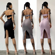 Hollow halter neck backless tight dress Latin dance wear womens bra padded underwear Pilates fitness wear sports skirt
