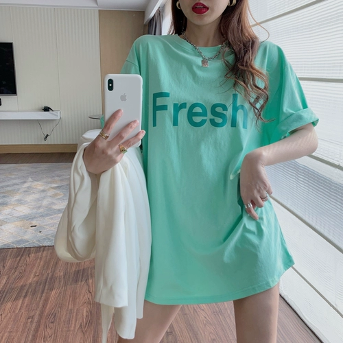 Летняя длинная хлопковая футболка с коротким рукавом, короткий рукав, средней длины