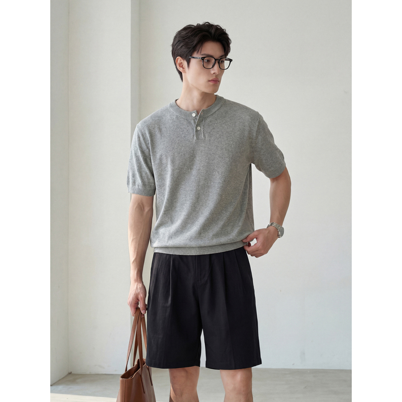 Luud Casual Work Clothing Style Knitted Short-Sleeved T-Shirt for Men in Summer, Skin-Friendly, Breathable, Cotton-Like Henry Collar Knitted Top