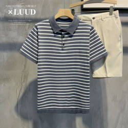 LUUD retro trendy black and white striped short-sleeved slim breathable casual top summer men's knitted polo shirt
