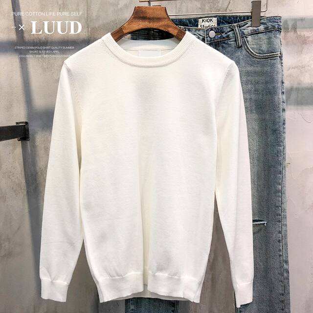 LUUD autumn and winter new solid color round neck sweater men's Korean style trendy slim pullover off-shoulder sweater bottoming shirt