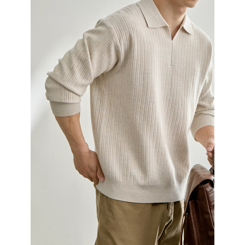 Luud Henry-Style V Placket Vertical Ribbed Sweater Men's Turn-Down Collar Loose Textured Casual Polo Knit Top Luud Henry-Style V Placket Vertical Ribbed Sweater Men's Turn-Down Collar Loose Textured Casual Polo Knit Top