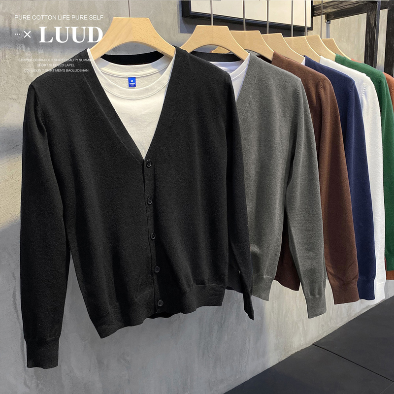 Luud Spring and Autumn Thin V-Neck Cardigan for Men, Stylish Casual Knit Sweater, Trendy Versatile Solid Color Jacket