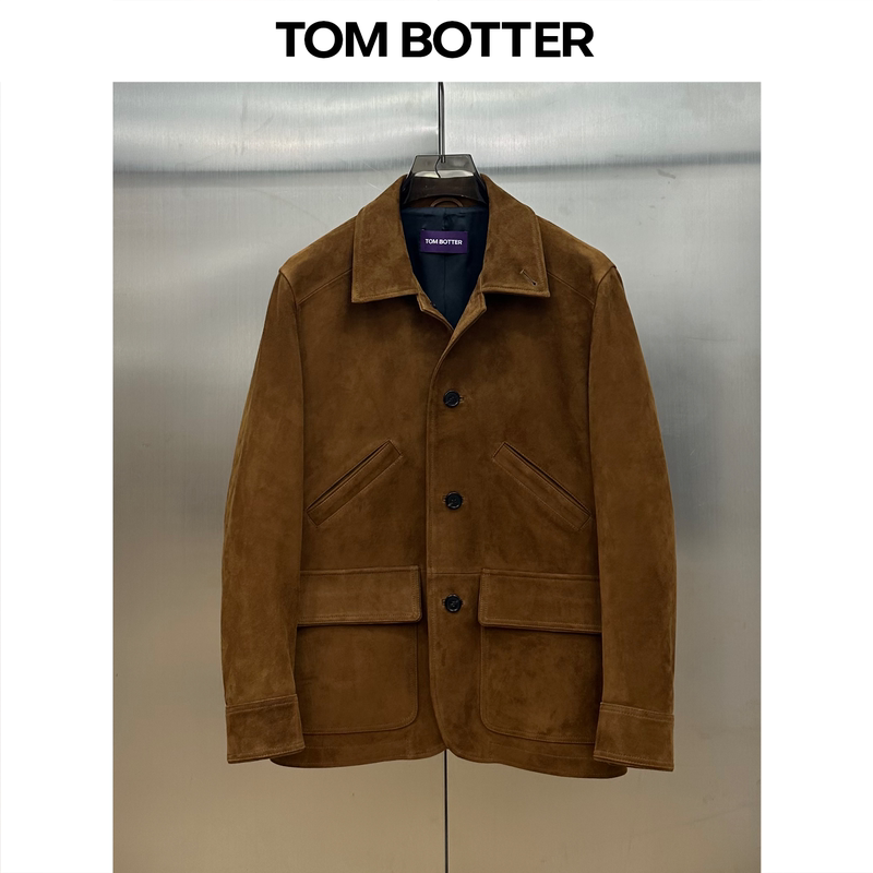 Tom Botter Old Money Style High-End Blazer Suede Genuine Leather Jacket Rrl Single-Breasted Hunting Jacket