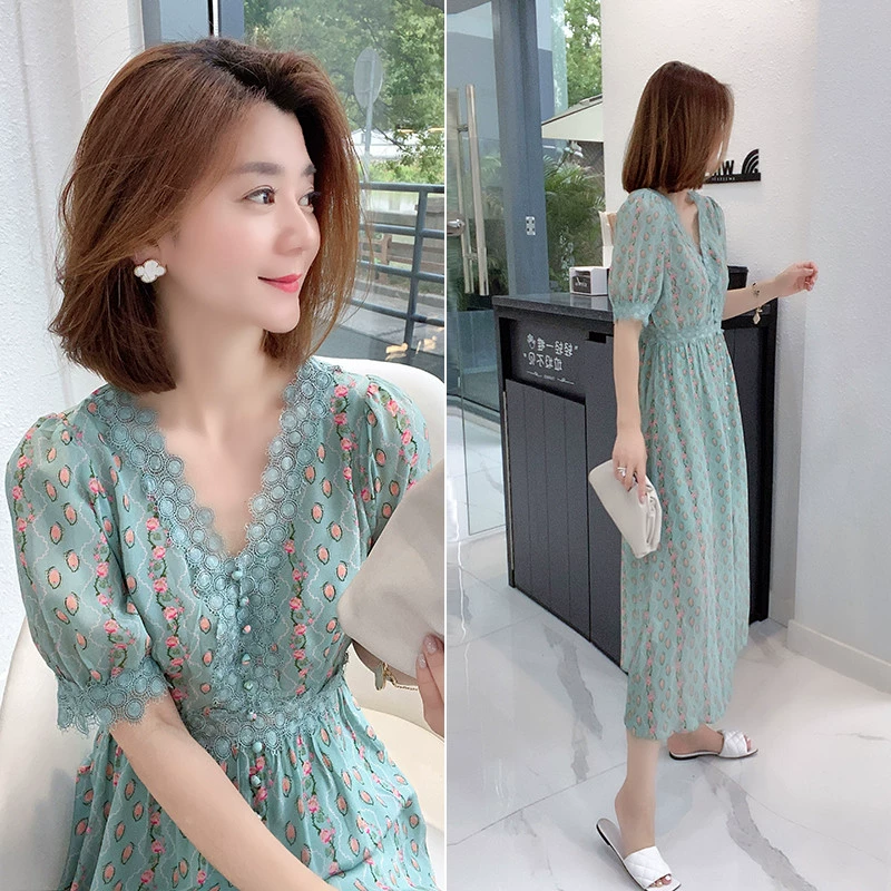 Đầm suông tay phồng voan xanh ga châu âu khí chất váy hoa mỏng quần áo nữ mùa hè 2021 hàng mới châu âu - váy đầm
