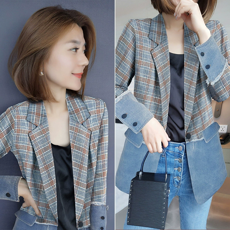 Áo khoác denim cá tính tất cả các đường khâu ngắn sọc ca rô bộ đồ nhỏ Châu Âu ga mùa thu quần áo nữ 2021 hàng mới của Châu Âu - Áo khoác ngắn