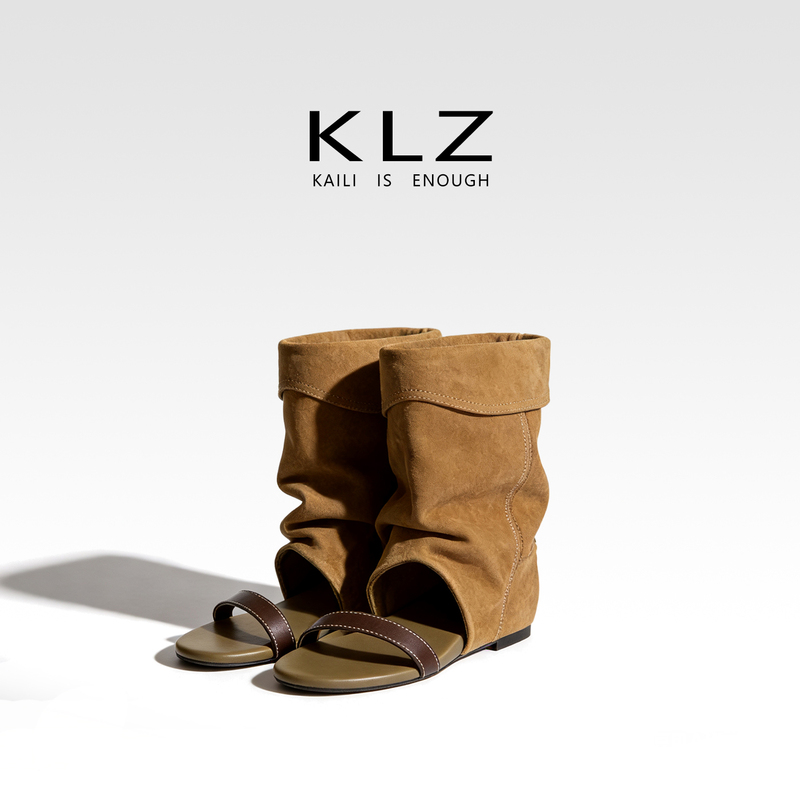 Genuine Leather Sandals for Women, Spring/Summer 2026 New Style, Single Strap, Hidden Heel, Mid-Calf, Pleated, Slouchy Boots, Wedge Heel, High-Top Sandals