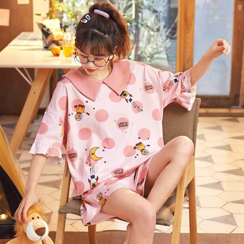 Đại Sông mùa xuân mùa xuân tay áo ngắn đồ ngủ cotton mỏng womens bông phim hoạt hình thường ngọt đi ra hai mảnh bộ.