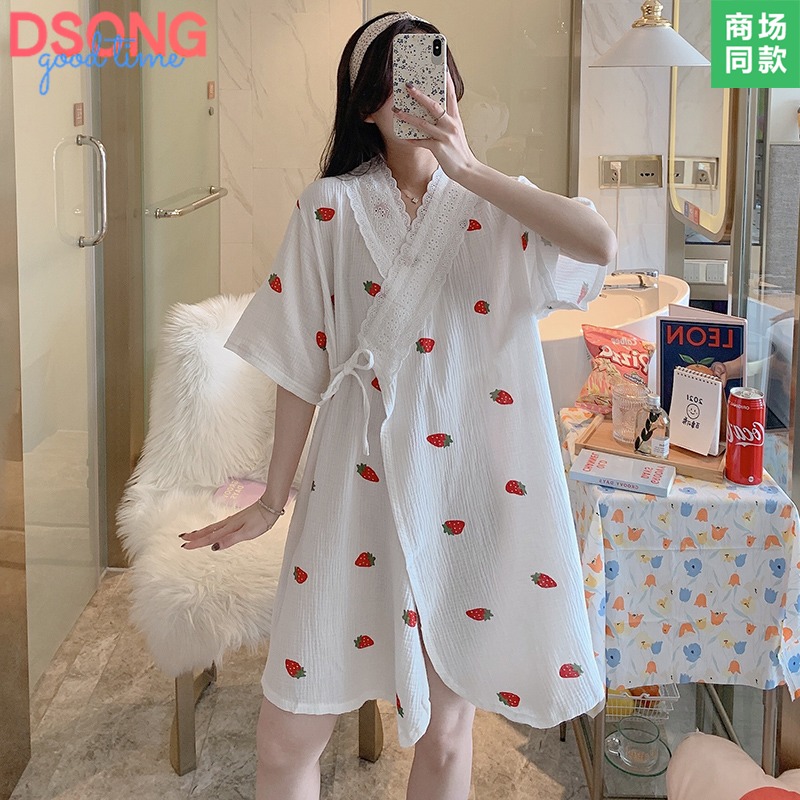 Summer Pure Cotton Cotton Cloth Sleeping Dress Woman Thin 2022 New large size Pregnant Woman Kimono kimono Sleeping Clothes Spring Autumn Day Home Clothing