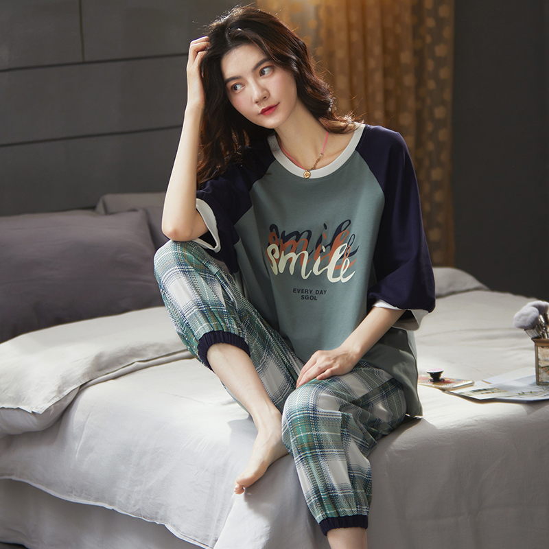 Đại Sông Nhật Bản vào mùa xuân và mùa hè đồ ngủ cotton womens quần bảy điểm ngắn tay mỏng bông ngọt ngào quần áo nhà lỏng lẻo dễ thương.