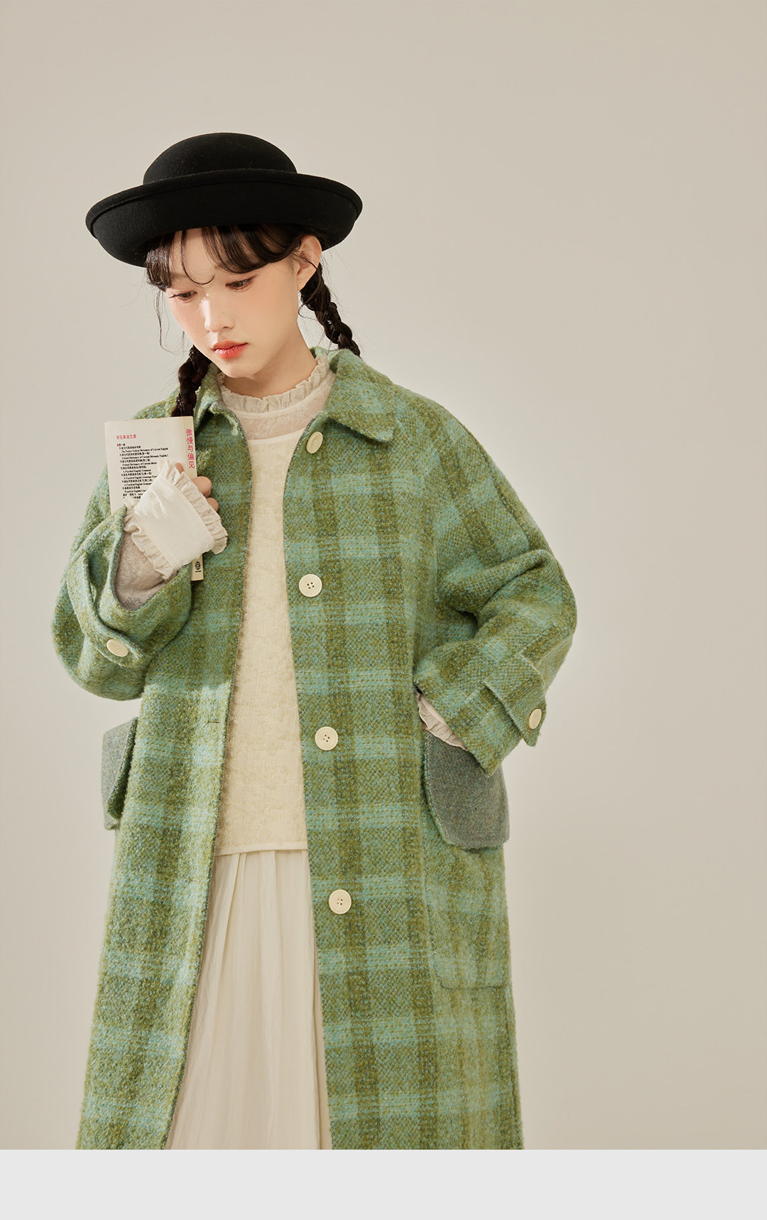 森の冬 グリーンチェック ダブルフェイス コート ロング丈 冬 暖か