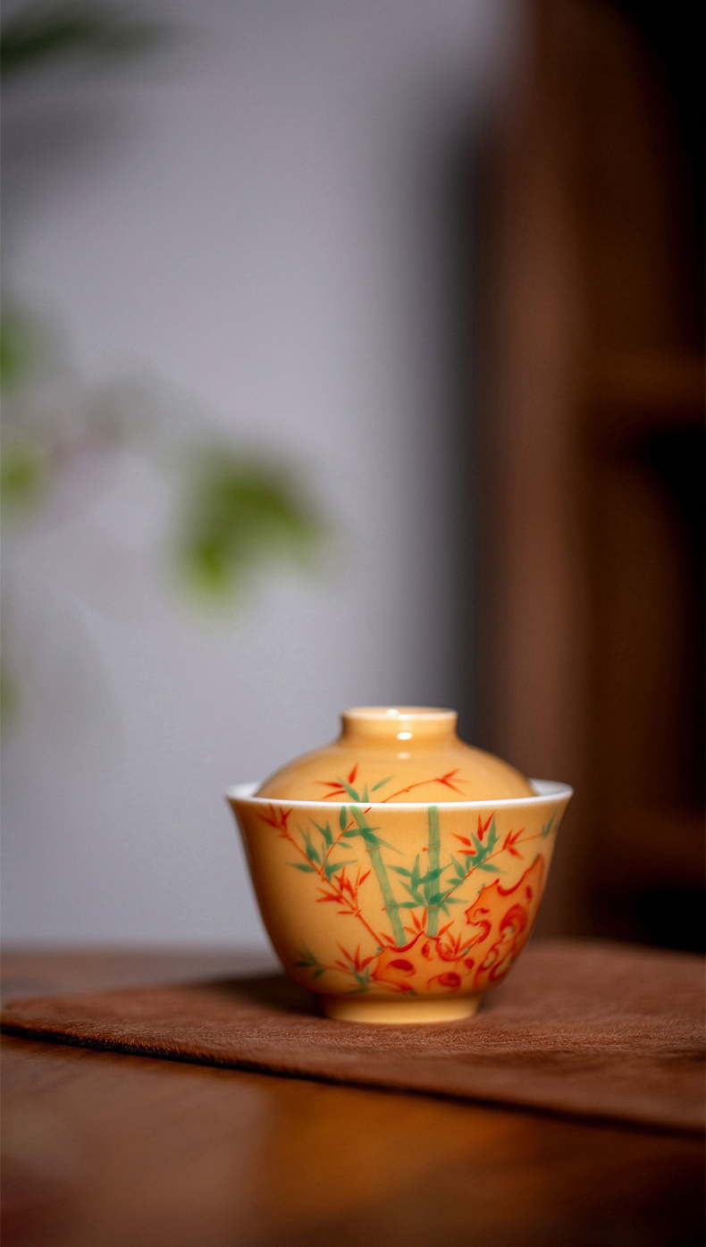 High - end checking hand - made ceramic story town tureen only three tureen single apricot yellow glazed bamboo tureen bouldering