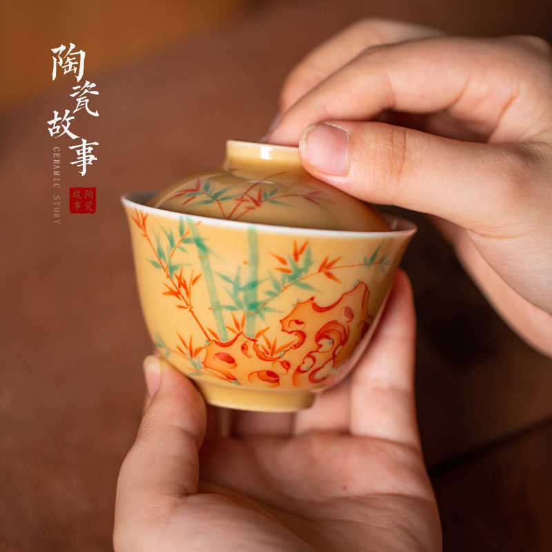 High - end checking hand - made ceramic story town tureen only three tureen single apricot yellow glazed bamboo tureen bouldering