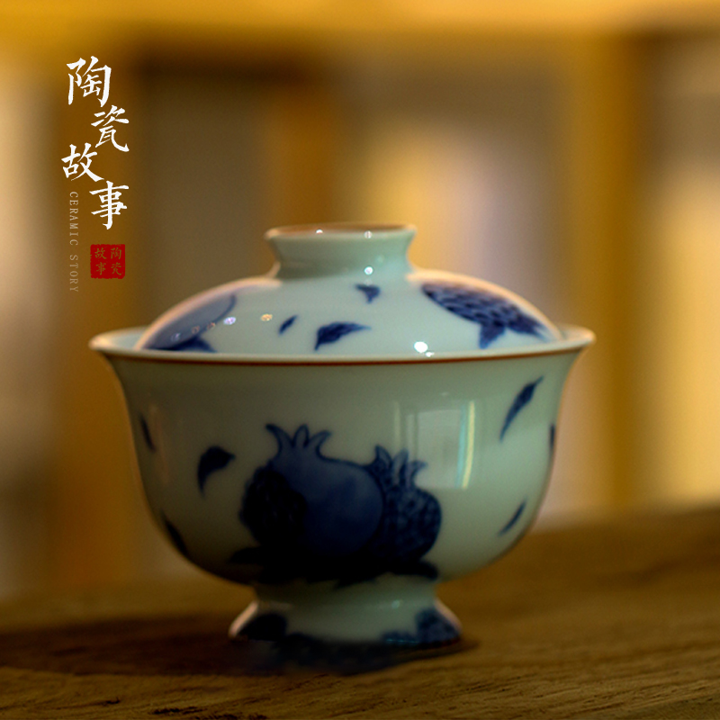 High - end checking hand - made ceramic story town tureen three tureen only a single blue sanduo footed tureen