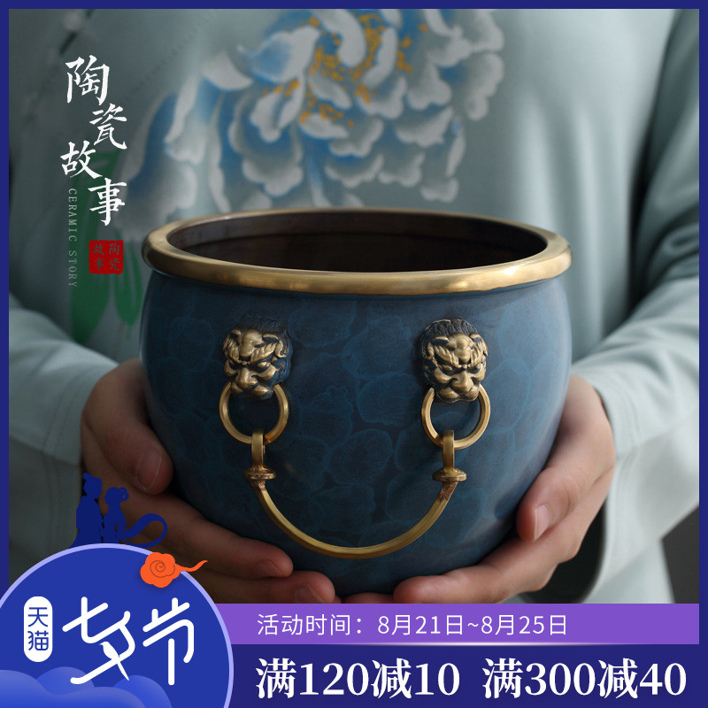 Ceramic story pure copper tea wash to wash to built water in a writing brush washer water jar household palace copper cylinder furnishing articles Japanese zen tea set