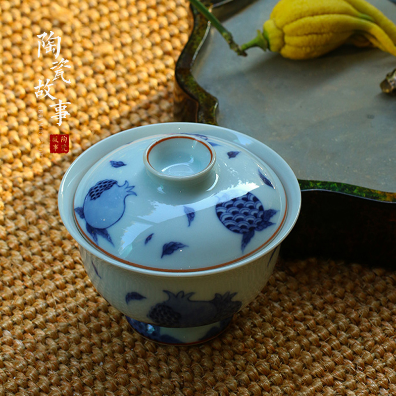 High - end checking hand - made ceramic story town tureen three tureen only a single blue sanduo footed tureen