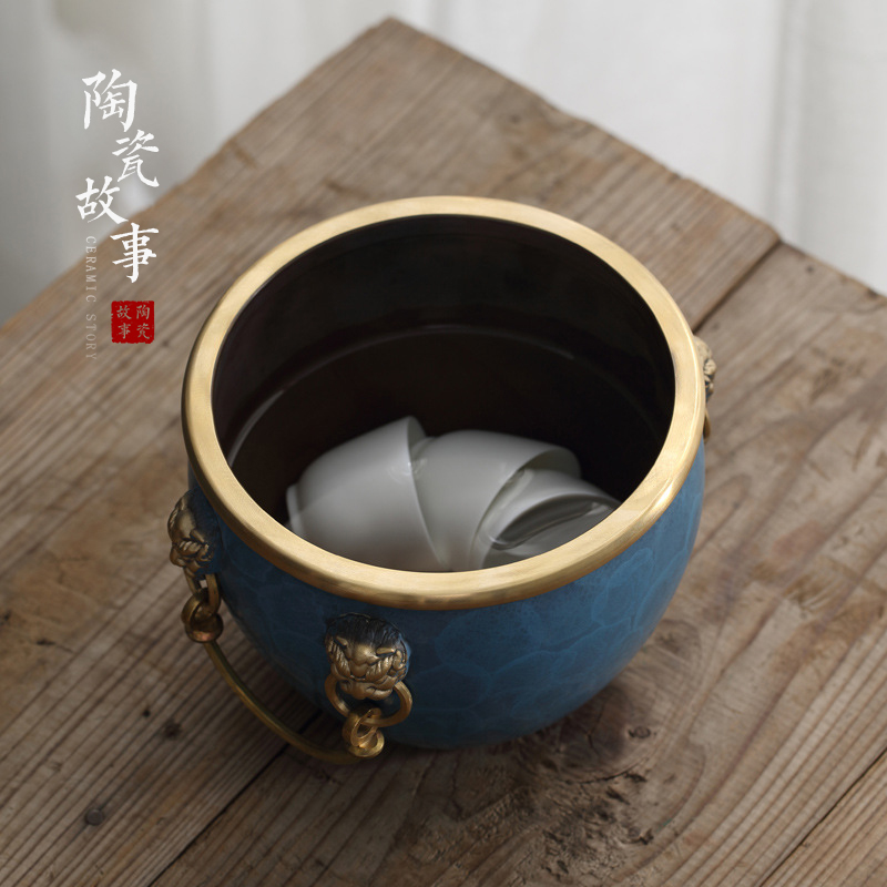 Ceramic story pure copper tea wash to wash to built water in a writing brush washer water jar household palace copper cylinder furnishing articles Japanese zen tea set
