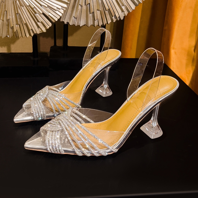 Pvc Transparent Wine Glass Crystal Heel Sandals 2026 Summer New Trendy Pointed Toe Wedding Shoes Cross Rhinestone High Heels