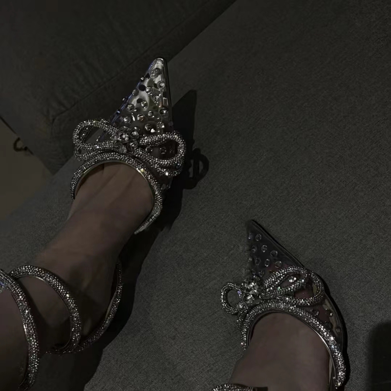 Bow-Knot High-Heeled Shoes for Women 2026 New Stiletto Design Trendy Single Shoes Pointed Toe Strap Transparent Rhinestone Sandals