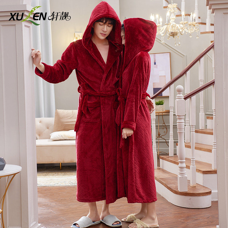 Flannel couple sleeping robes for men and women's autumn and winter thickened with hat warm coral suede home for morning gown bathrobe