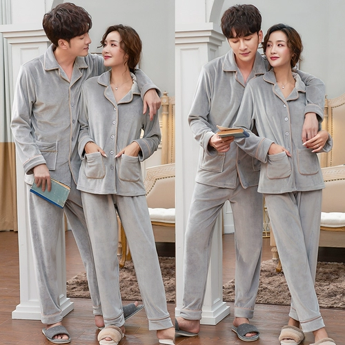 Осенняя тонкая пижама для влюбленных подходит для мужчин и женщин, коралловый бархатный утепленный лонгслив, зимний комплект