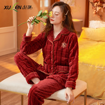 Big red pajamas women autumn winter winter thickened honmei year bridal warm coral flannel homewear set