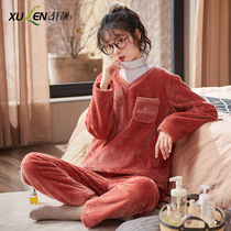 Pajamas ladies autumn and winter thickened plus fleece warm coral fleece flannel homewear plus size set spring and autumn