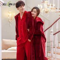 Couples pajamas men and women autumn and winter cotton flannel nightgown morning robe spring and autumn home wear big red three-piece set