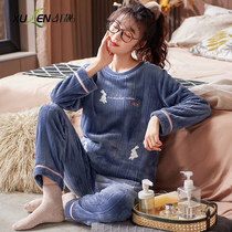 Pajamas ladies autumn and winter thickened plush long sleeves warm coral fleece home wear flannel plus size set winter model