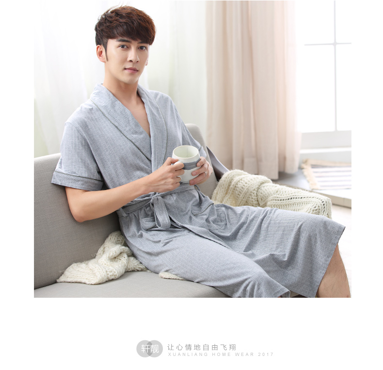 Xuanyuan nam áo ngủ mùa hè cotton ngắn tay áo choàng tắm mỏng áo choàng kích thước lớn dài dịch vụ nhà mùa xuân và mùa thu đơn giản đồ ngủ