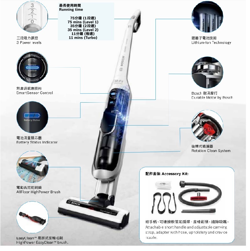 pin robot hút bụi Máy hút bụi cầm tay không dây Bosch / Bosch 75 phút Tắt tiếng BCH7A32KCN 732KTGB Phiên bản Hồng Kông - Máy hút bụi máy hút thổi bụi cầm tay