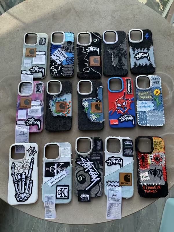 Anti-Fall 16Promax Phone Case with Embroidery DIY Creative Personality Texture Fabric Design Trendy Brand Label