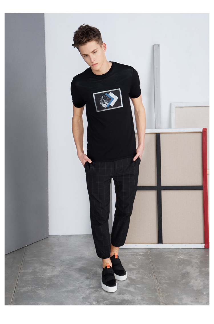 Carbine nam mùa xuân và mùa hè vòng cổ áo thun ngắn tay áo len mô hình giản dị màu đen nửa tay T-Shirt cá tính thanh niên B áo bomber